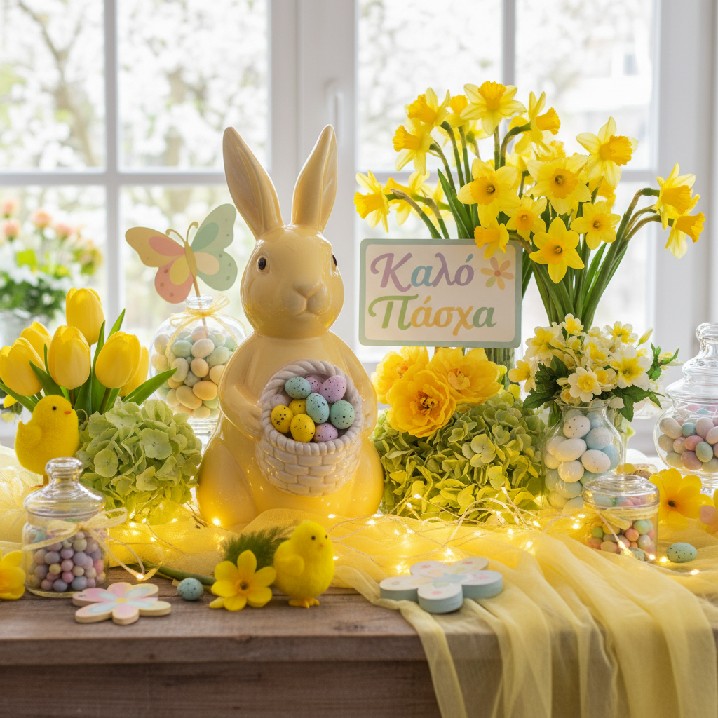 Greek Easter display with a ceramic bunny, yellow flowers, and a sign saying Καλό Πάσχα.