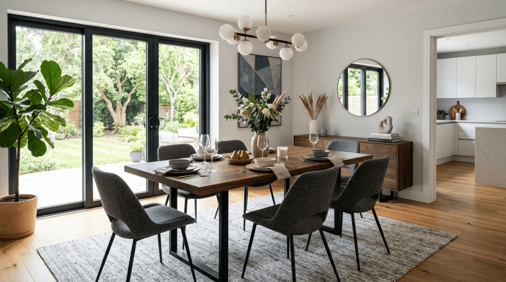 Modern dining room with wooden table, grey chairs, and large glass doors opening to garden