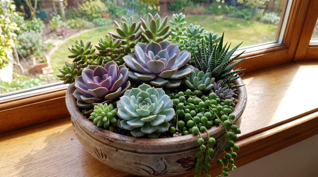Various succulents including echeveria and string of pearls in a ceramic pot on a wooden windowsill