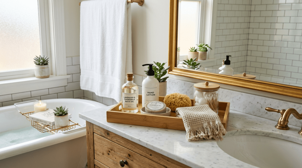 Bathroom countertop with hand lotion, bath oil, soap, sponge, cotton swabs, towel, and plants