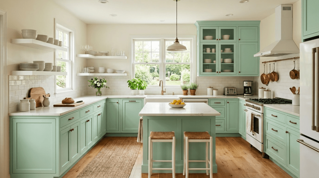 Bright kitchen with beige cabinets, white countertops, central island, and window