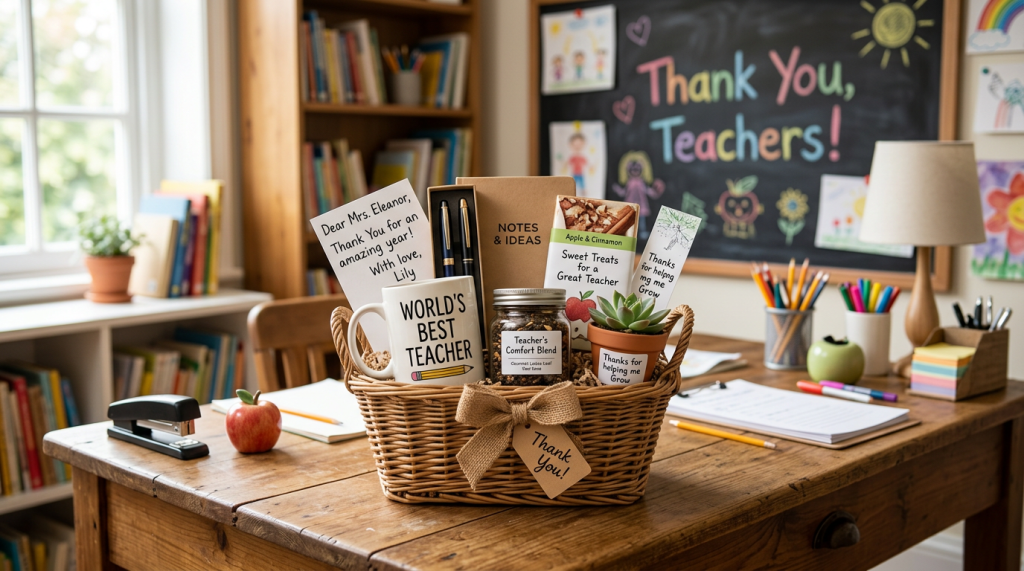 Teacher appreciation gift basket with mug, notebook, snacks, plant, and card on classroom desk