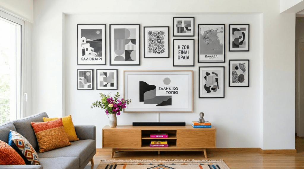 Living room with light blue wall featuring framed Greek-themed and abstract art