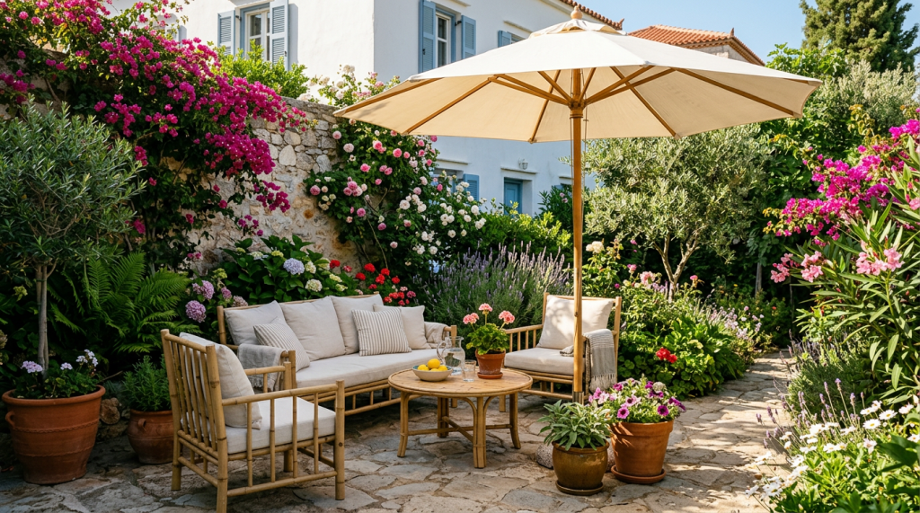 Outdoor seating area with bamboo furniture, beige cushions, large umbrella, and colorful garden plants