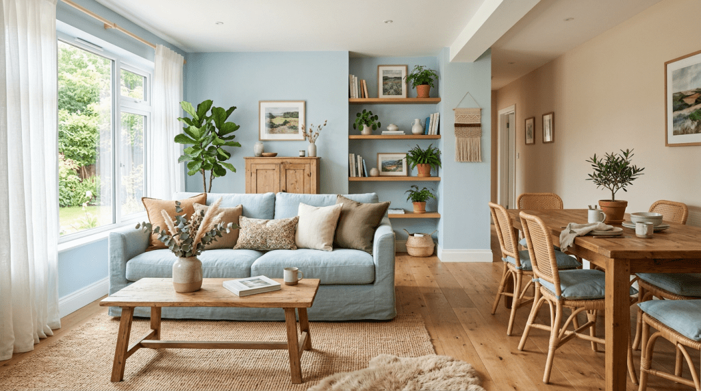 Living room with light blue sofa and wooden dining table with chairs