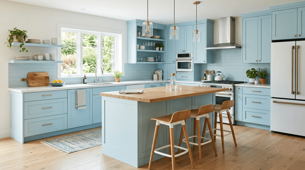 Kitchen with pastel blue cabinetry, wooden island with stools, and large window