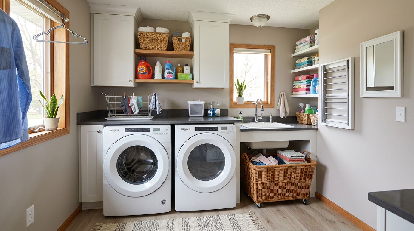 Washer and dryer side by side under countertop with laundry supplies and folded towels